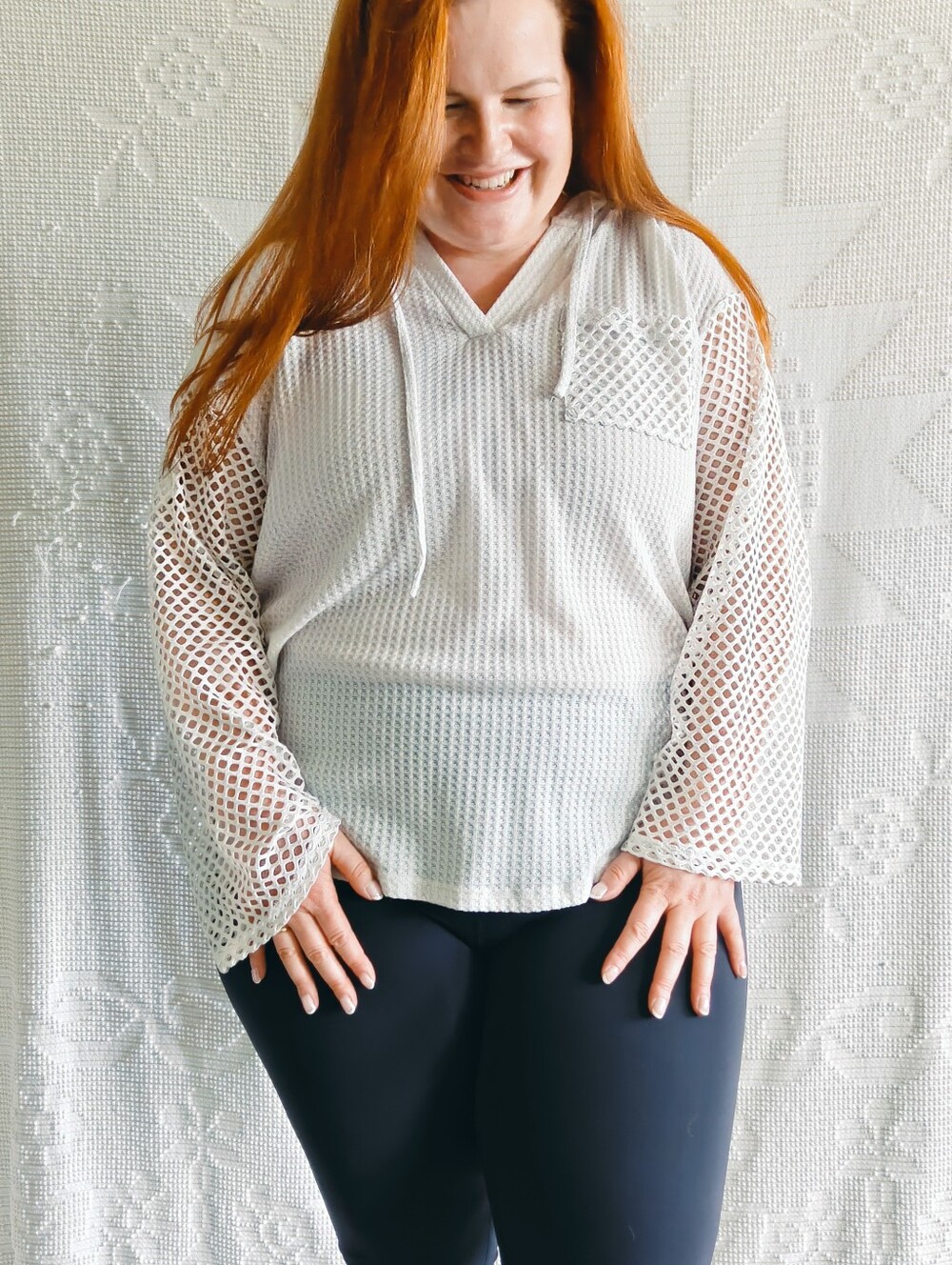 SHEIN White Waffle Knit Hooded Pullover | Mesh Sleeve Hoodie | Oversized L to XL
